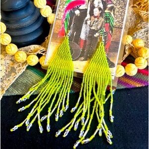 Bold Green Seed Bead Dangle Fringe Earrings